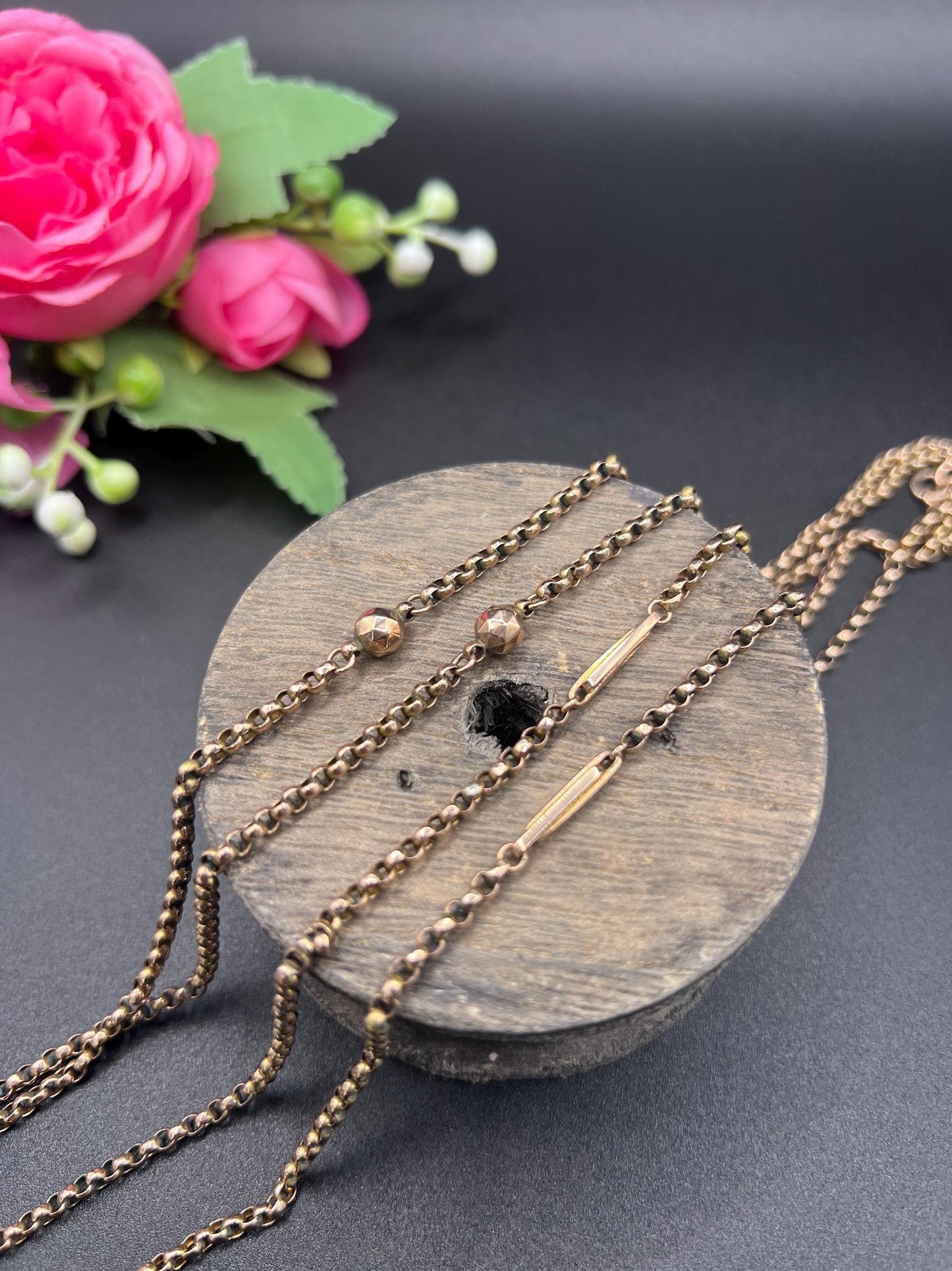 Antique 9ct Gold Belcher Chain: Edwardian Fancy Link Long Guard Necklace