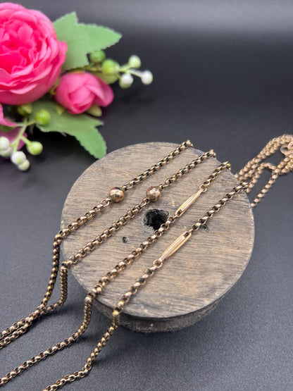 Antique 9ct Gold Belcher Chain: Edwardian Fancy Link Long Guard Necklace