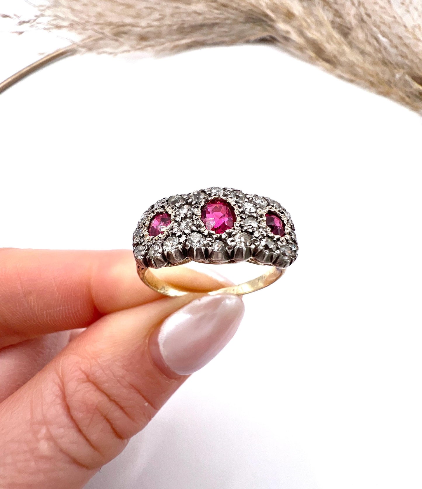 Antique 18ct Gold & Silver, Victorian Ruby and Diamond Triple Cluster Engagement Ring