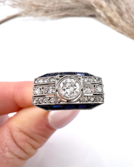 Antique Platinum, 1920's Art Deco Sapphire And Diamond Engagement  Ring