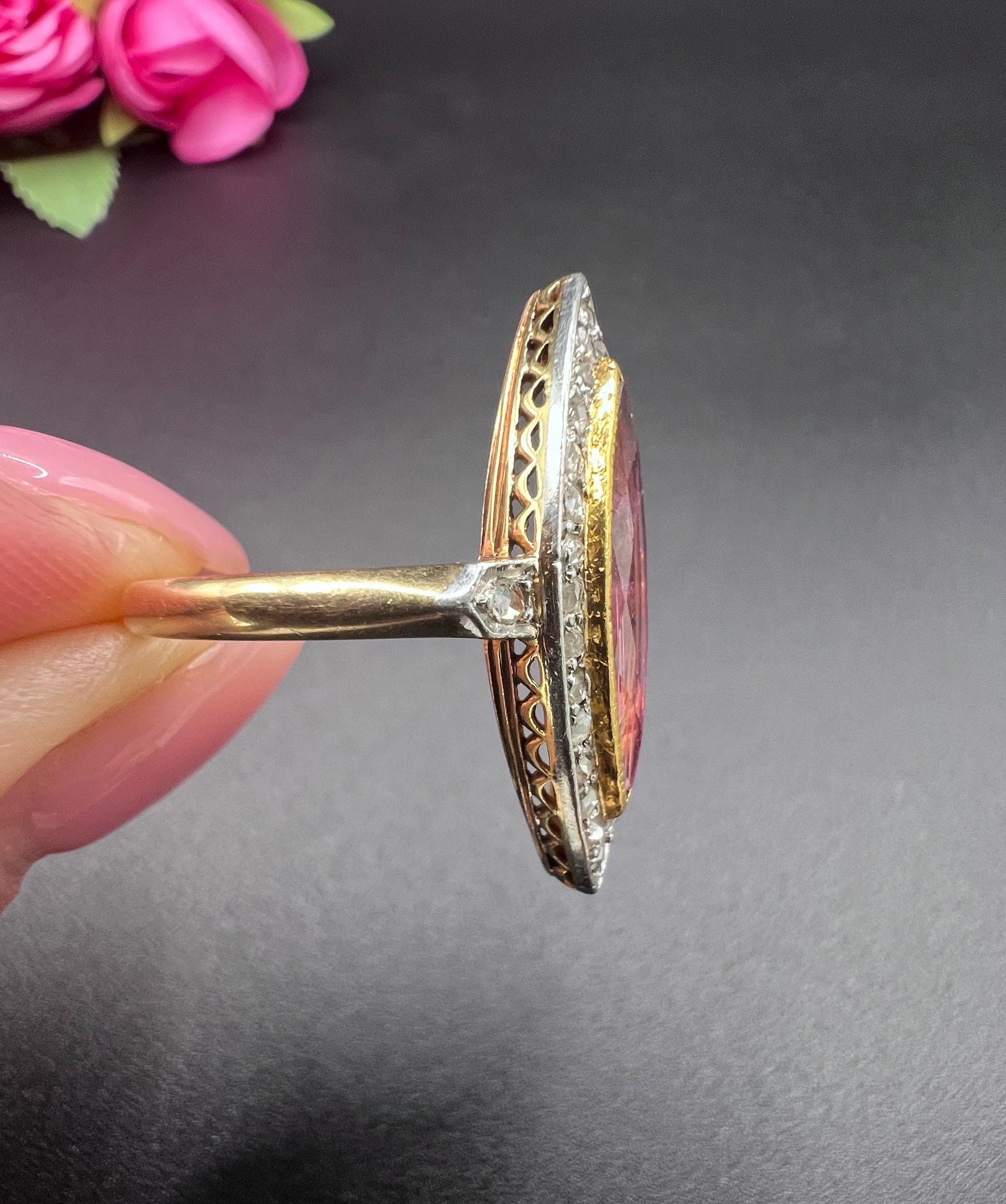 Antique 18ct Gold & Platinum, Edwardian Pink Tourmaline and Diamond Marquise Shaped Ring