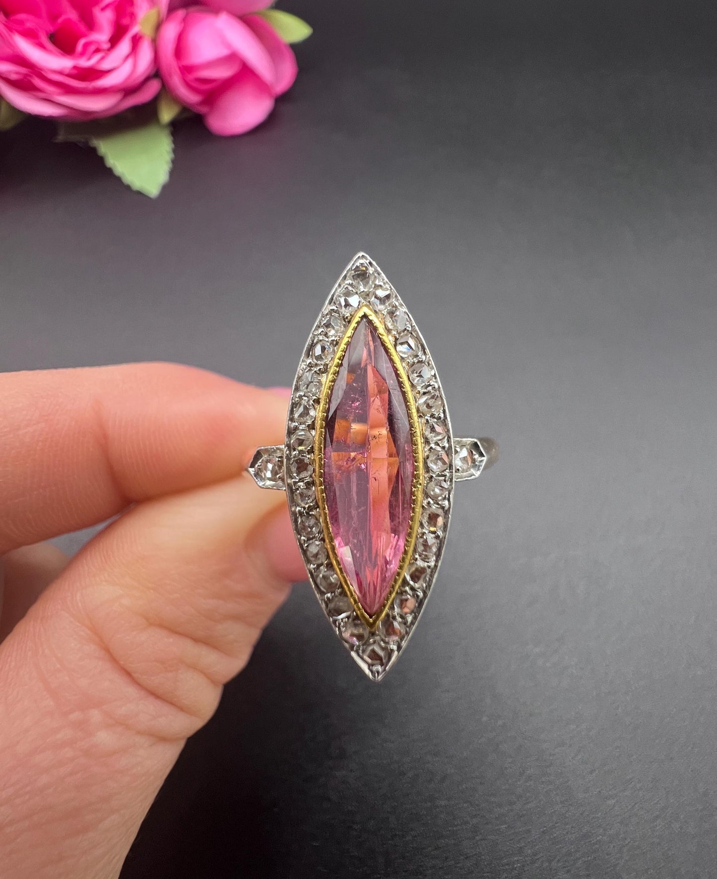 Antique 18ct Gold & Platinum, Edwardian Pink Tourmaline and Diamond Marquise Shaped Ring