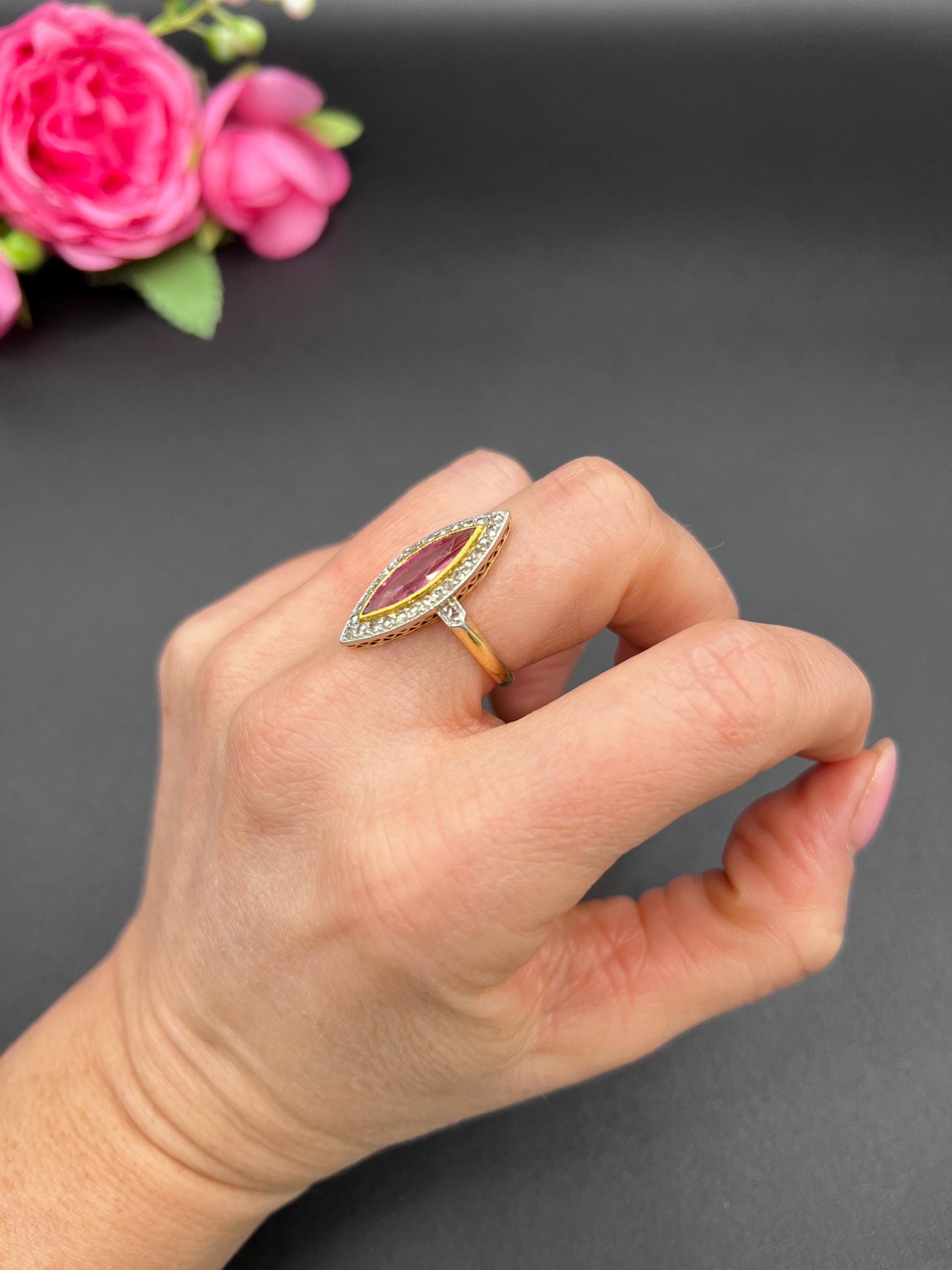 Antique 18ct Gold & Platinum, Edwardian Pink Tourmaline and Diamond Marquise Shaped Ring