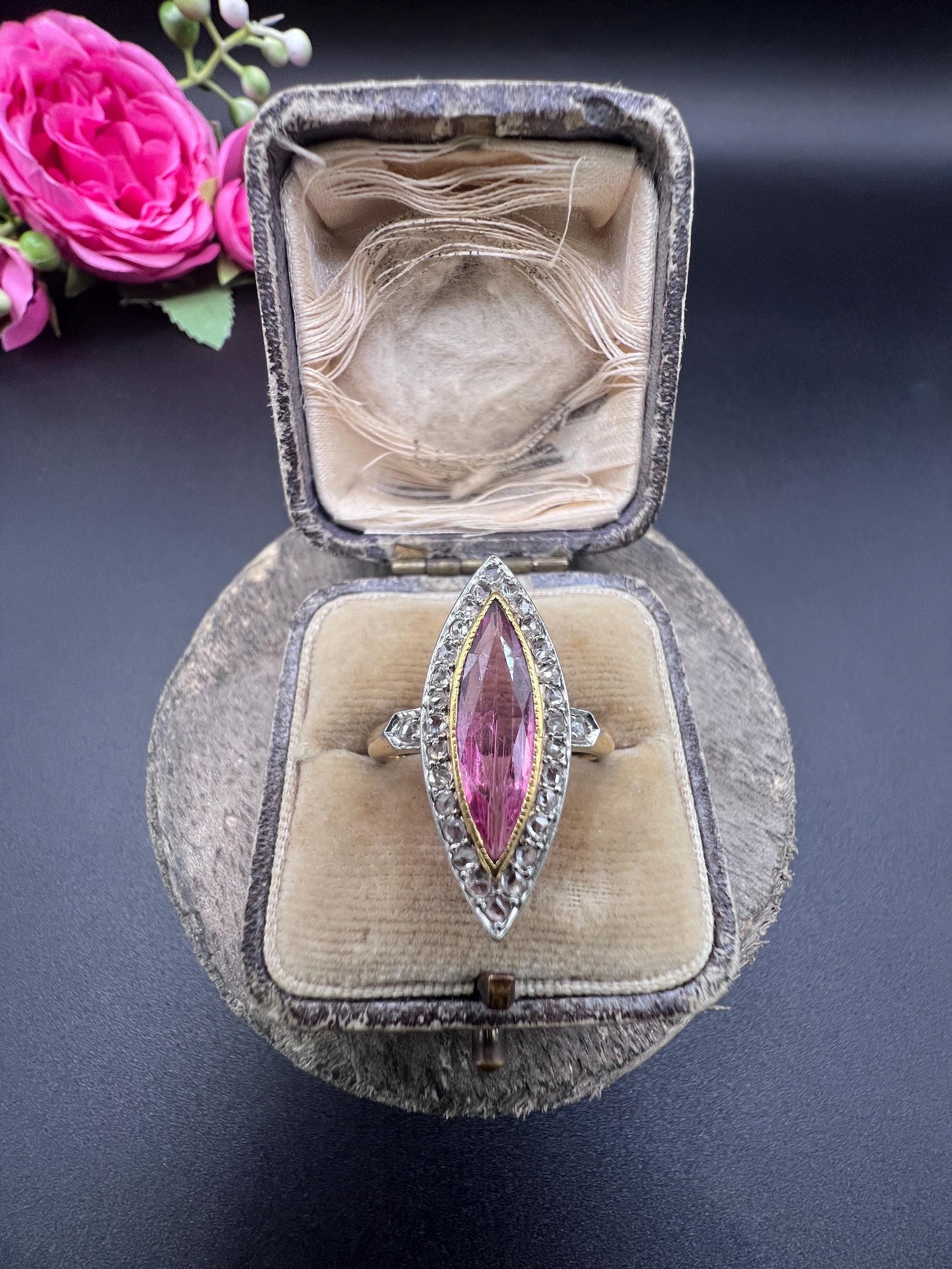 Antique 18ct Gold & Platinum, Edwardian Pink Tourmaline and Diamond Marquise Shaped Ring