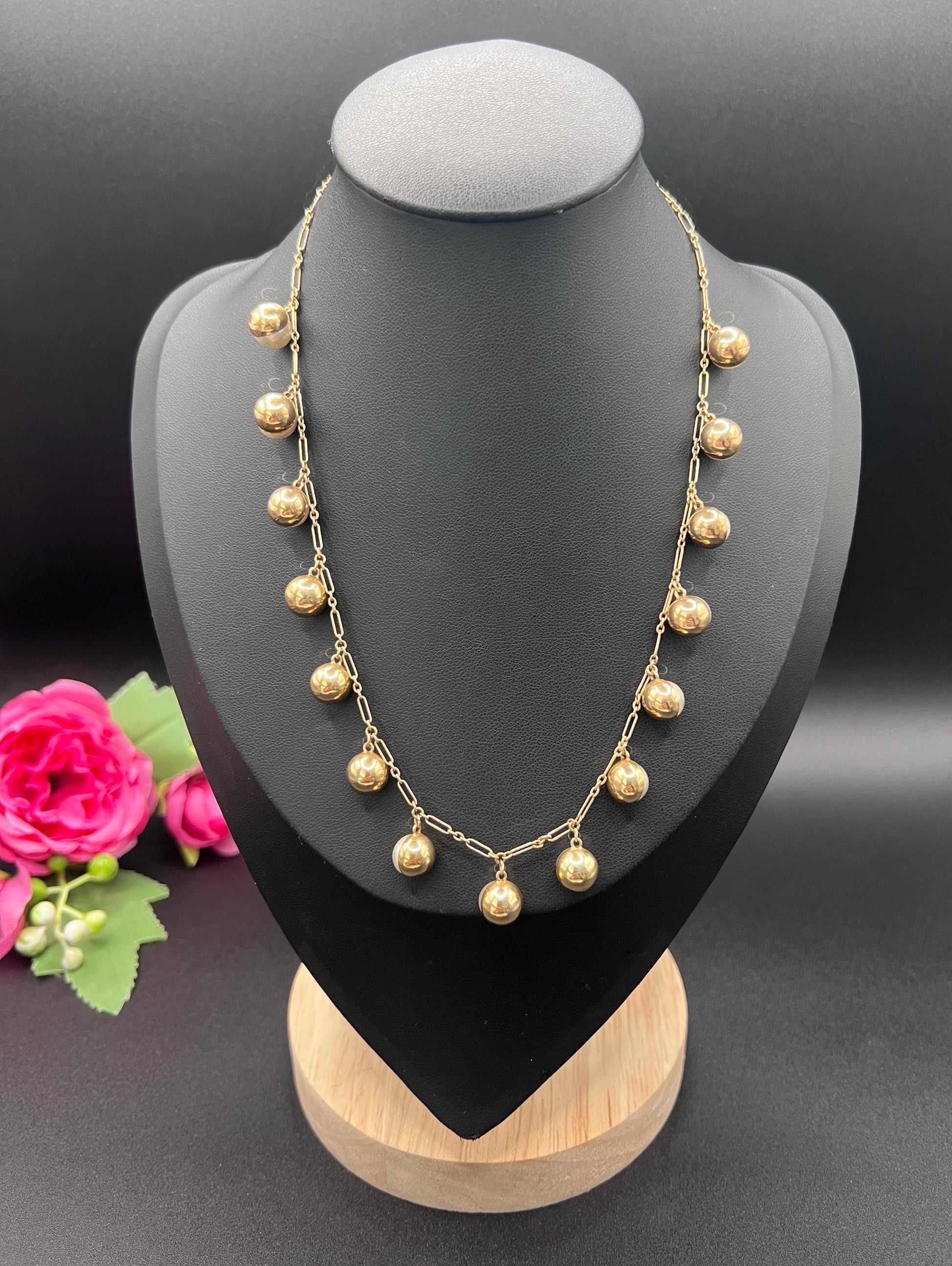 Vintage 14ct Gold Stamped, 1970s Pearl Gold Ball Collar Necklace