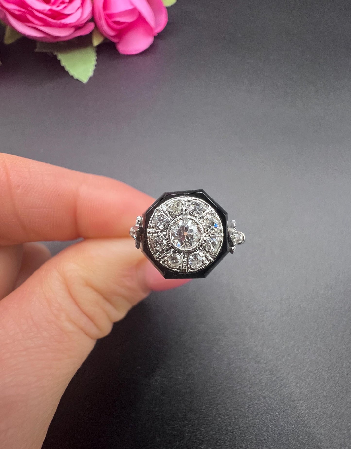 Antique Platinum, 1920s Art Deco Octagonal Onyx and Diamond Ring