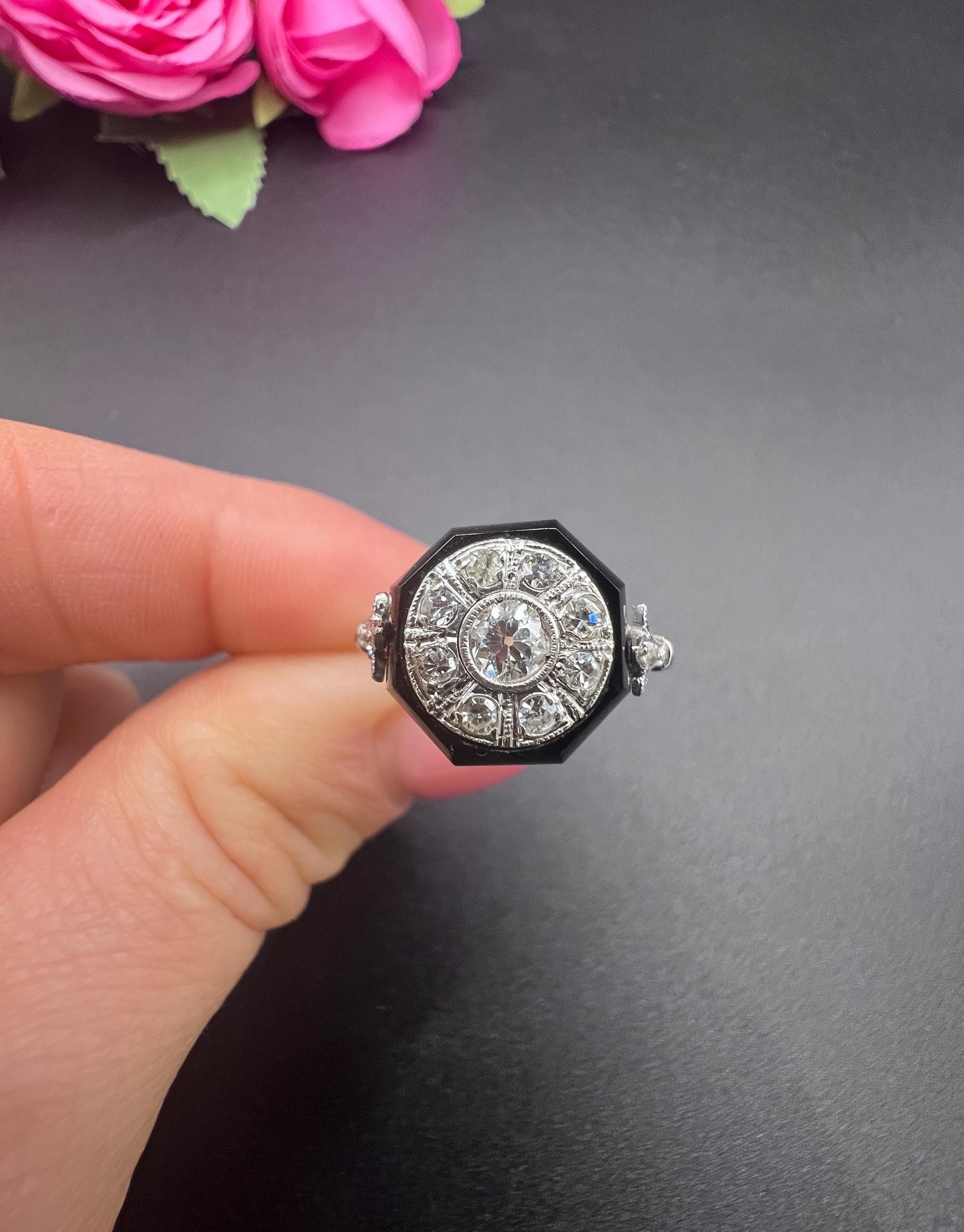 Antique Platinum, 1920s Art Deco Octagonal Onyx and Diamond Ring
