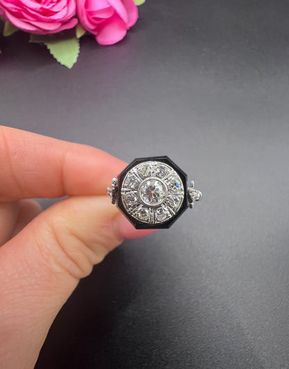 Antique Platinum, 1920s Art Deco Octagonal Onyx and Diamond Ring