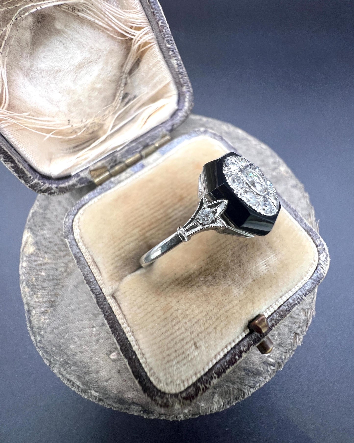 Antique Platinum, 1920s Art Deco Octagonal Onyx and Diamond Ring