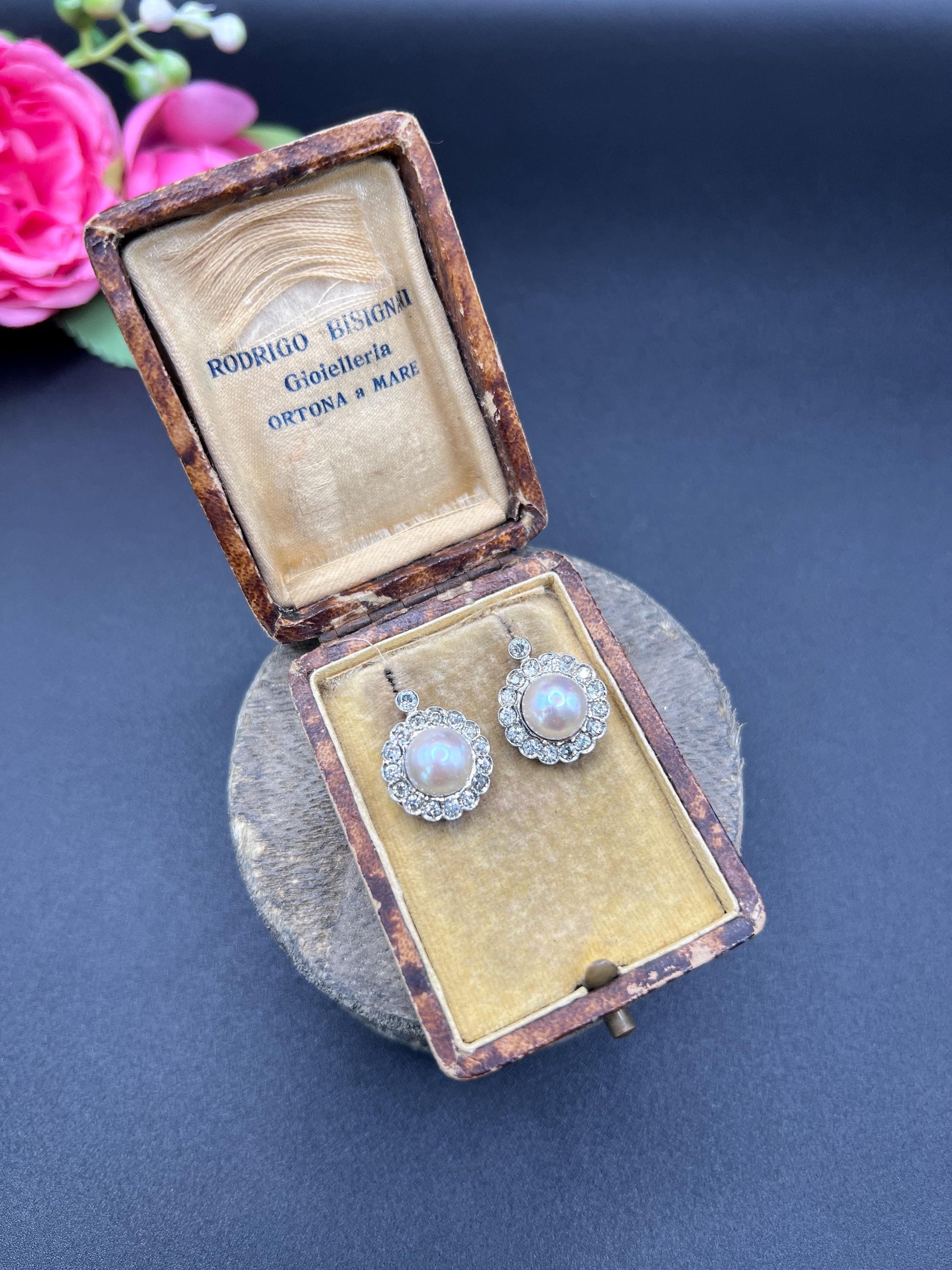 A pair of pearl and old cut diamond floral cluster earrings, in an antique box