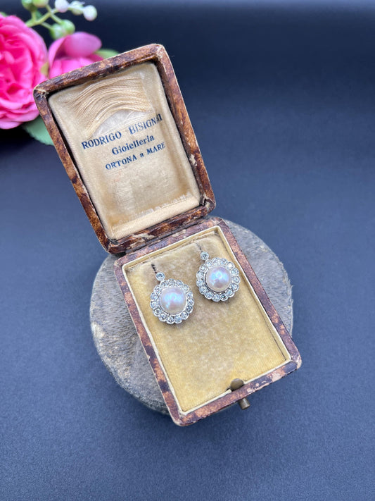 A pair of pearl and old cut diamond floral cluster earrings, in an antique box