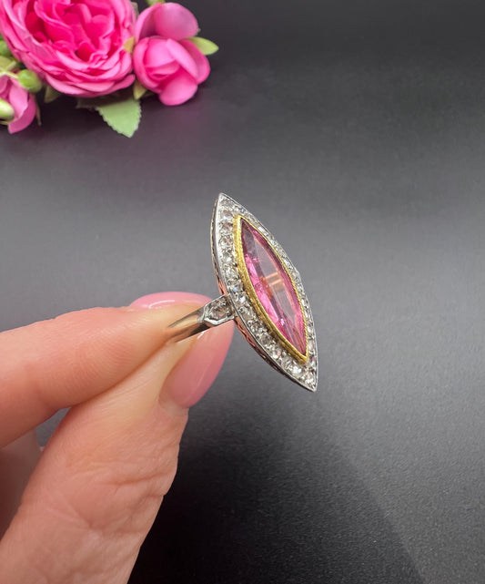 Antique 18ct Gold & Platinum, Edwardian Pink Tourmaline and Diamond Marquise Shaped Ring