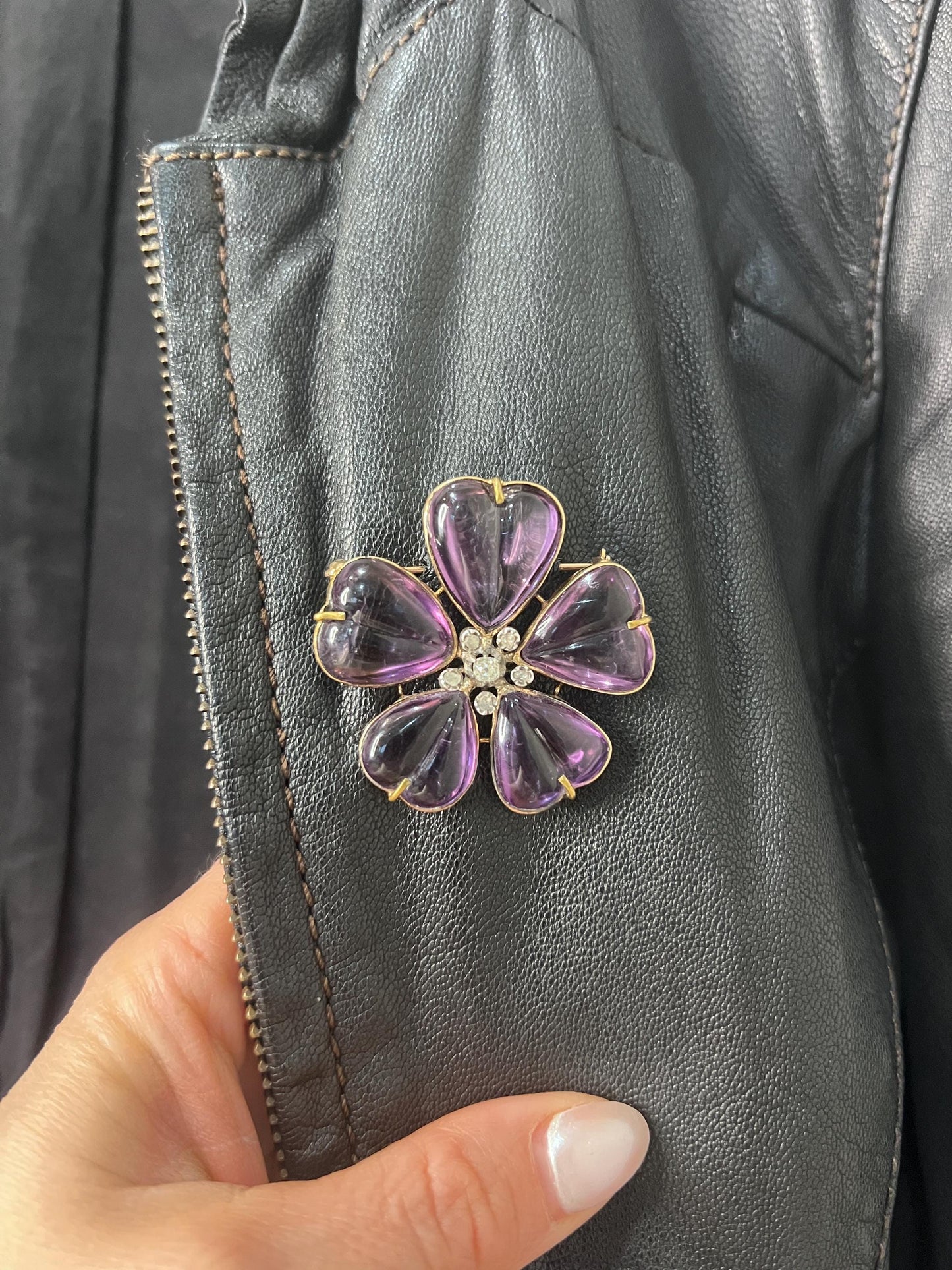 Edwardian Antique Amethyst and Diamond Flower Brooch in 15ct Gold