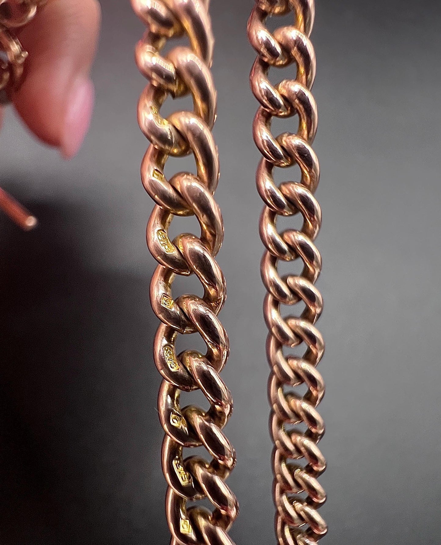 Antique 9ct Rose Gold Albert Chain: Curb Link Necklace, Hallmarked London 1927