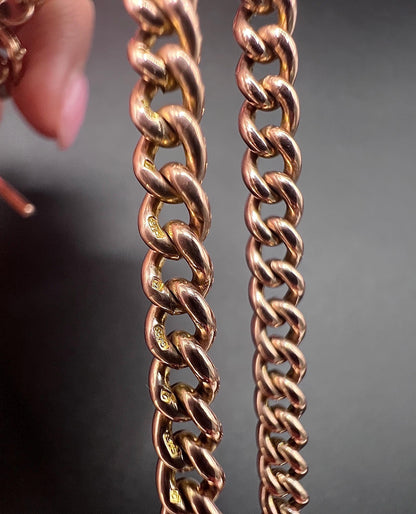 Antique 9ct Rose Gold Albert Chain: Curb Link Necklace, Hallmarked London 1927