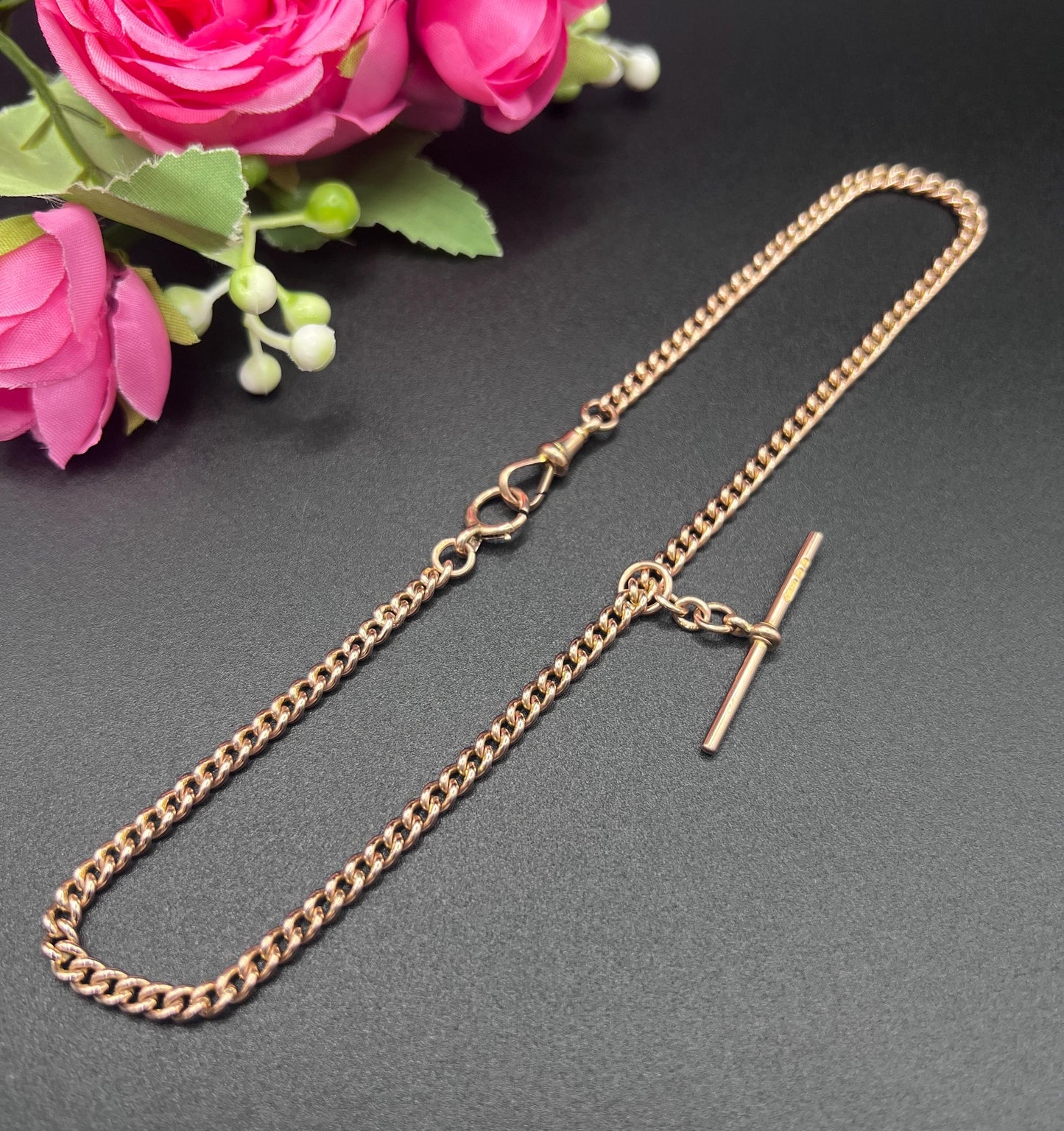 Antique 9ct Rose Gold Albert Chain: Curb Link Necklace, Hallmarked London 1927
