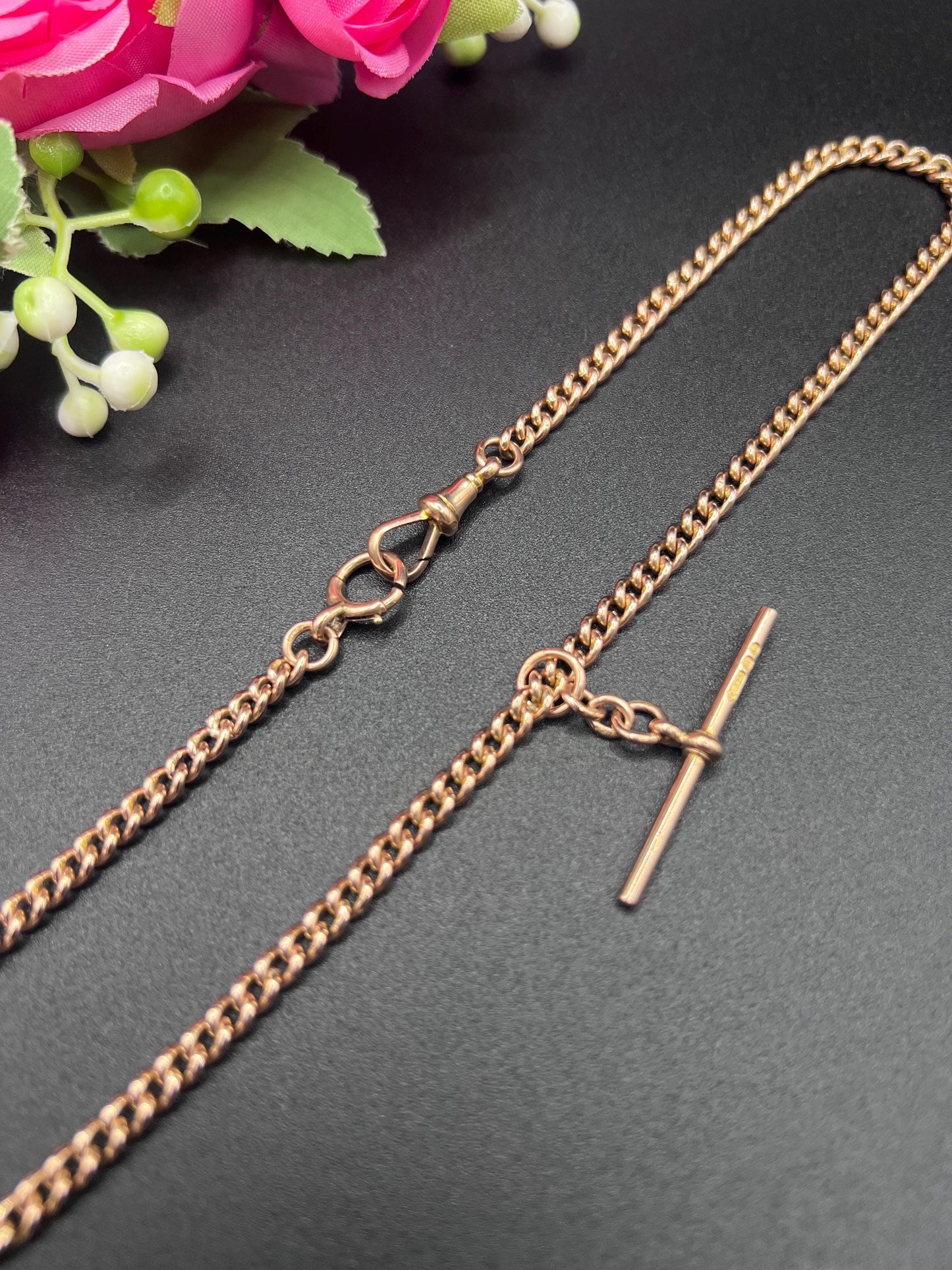 Antique 9ct Rose Gold Albert Chain: Curb Link Necklace, Hallmarked London 1927
