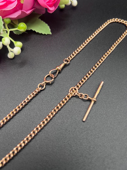 Antique 9ct Rose Gold Albert Chain: Curb Link Necklace, Hallmarked London 1927
