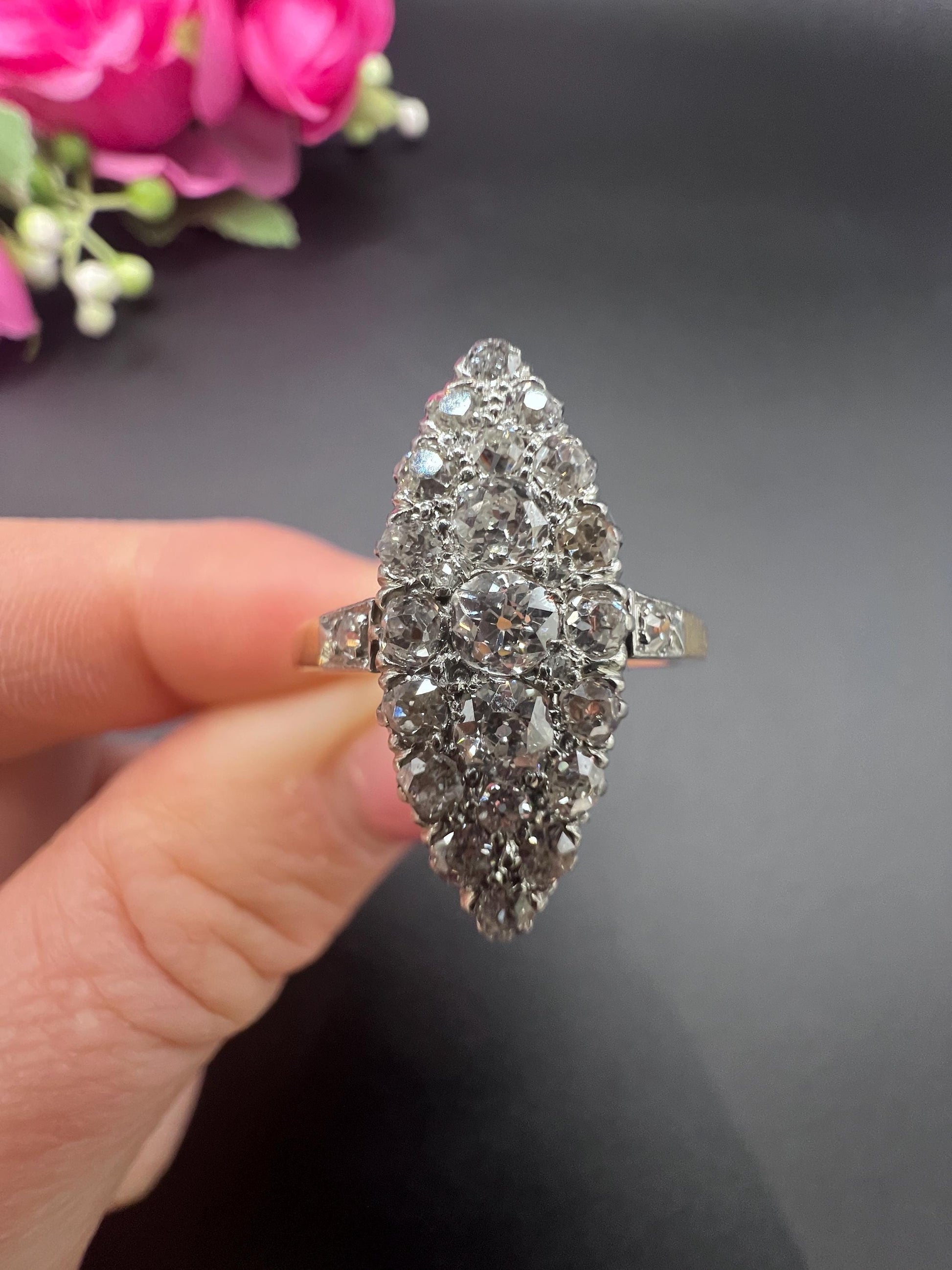 Antique 18ct Yellow Gold French Stamped, Edwardian Diamond Marquise Ring