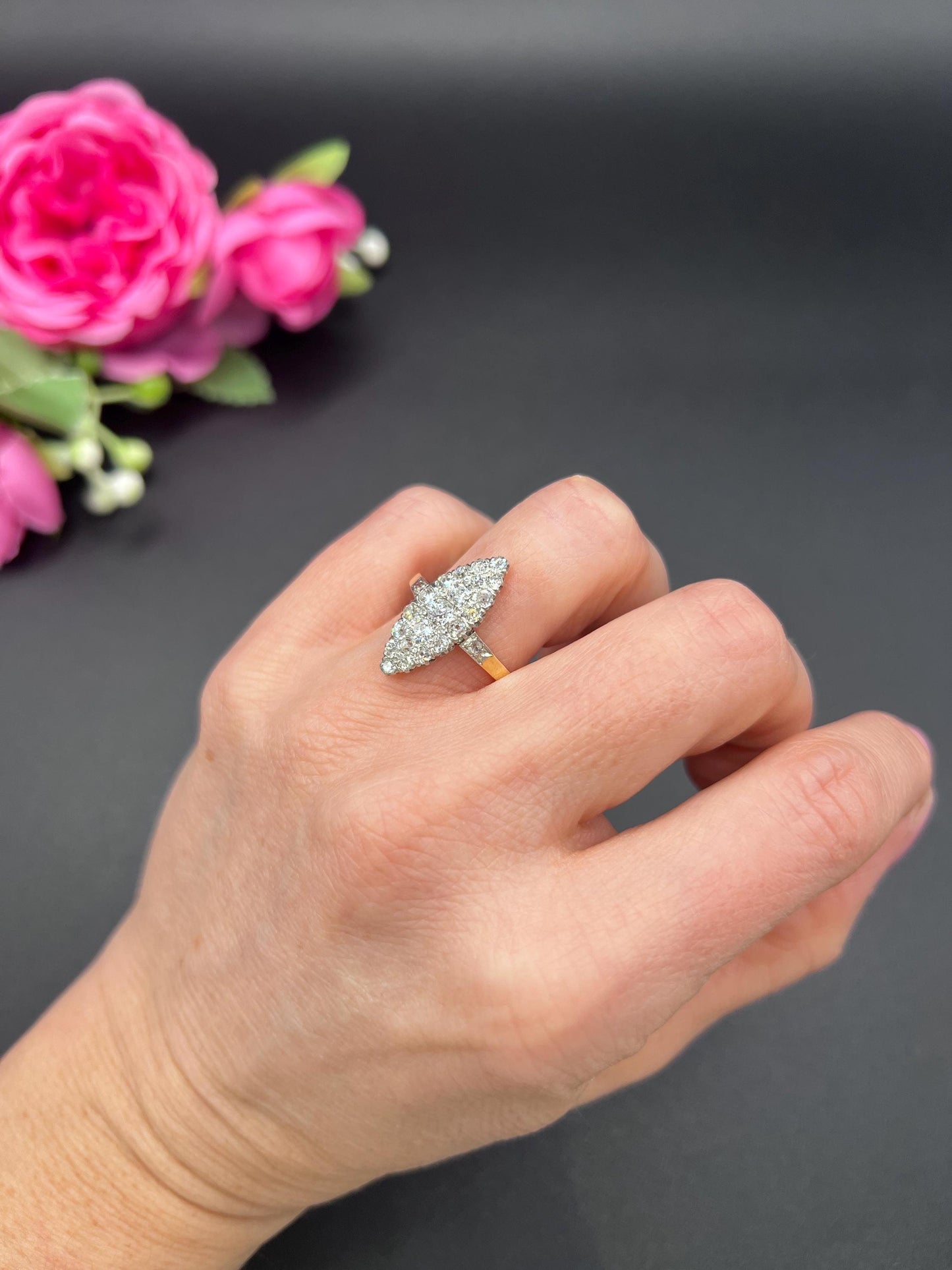 Antique 18ct Yellow Gold French Stamped, Edwardian Diamond Marquise Ring