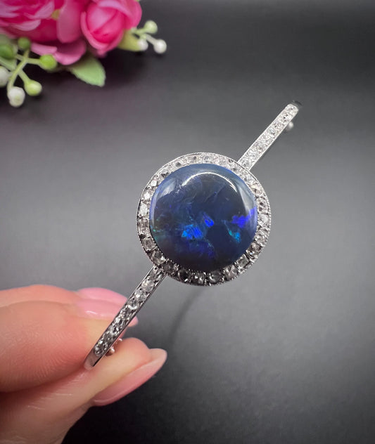 Antique Platinum, 1920s Black Opal & Diamond Hinged Bangle