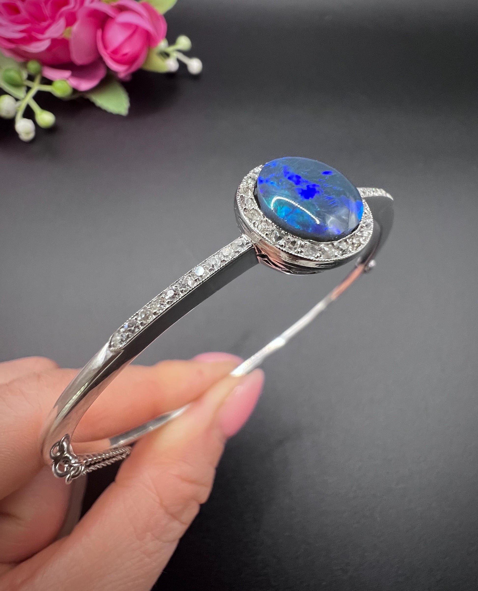 Art Deco Black Opal and Diamond Cluster Bangle Bracelet, Antique Vintage