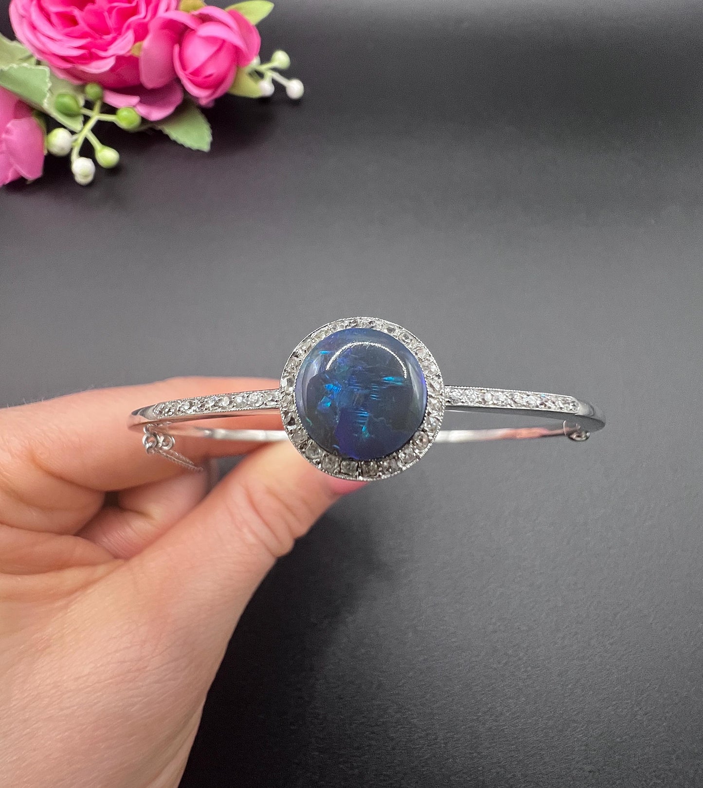 Art Deco Black Opal and Diamond Cluster Bangle Bracelet, Antique Vintage