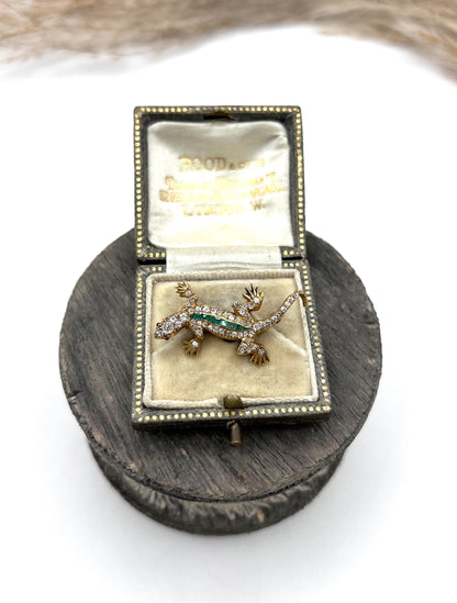 Antique 18ct Gold, Edwardian Diamond & Emerald Lizard Brooch
