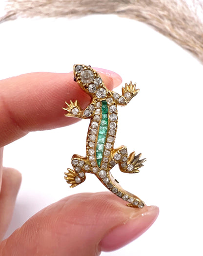 Antique 18ct Gold, Edwardian Diamond & Emerald Lizard Brooch