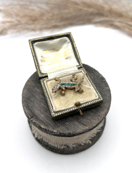 Antique 18ct Gold, Edwardian Diamond & Emerald Lizard Brooch