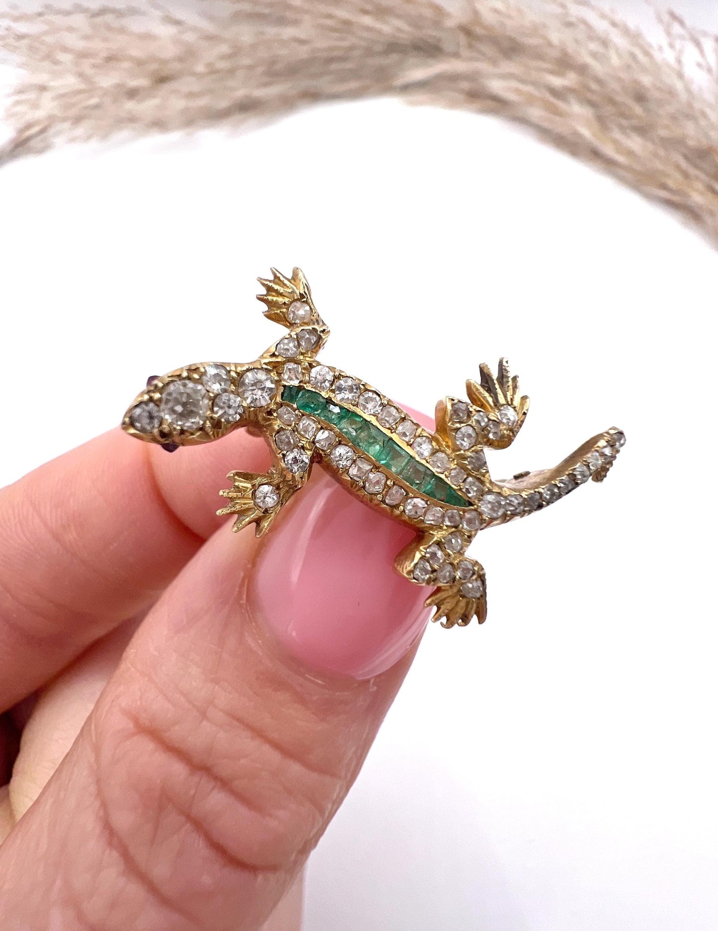 Antique 18ct Gold, Edwardian Diamond & Emerald Lizard Brooch
