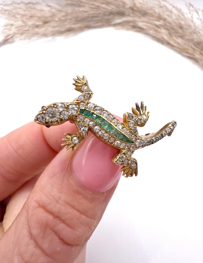Antique 18ct Gold, Edwardian Diamond & Emerald Lizard Brooch