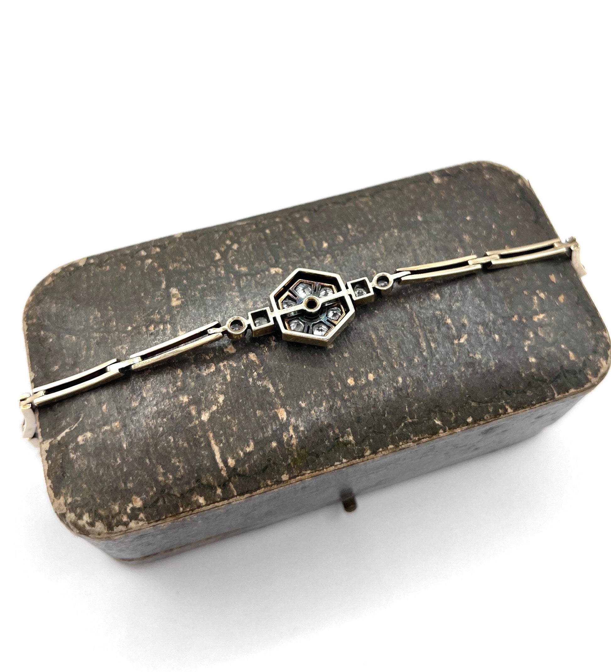 Antique 14ct Gold & Platinum, Edwardian Diamond Hexagonal Bracelet