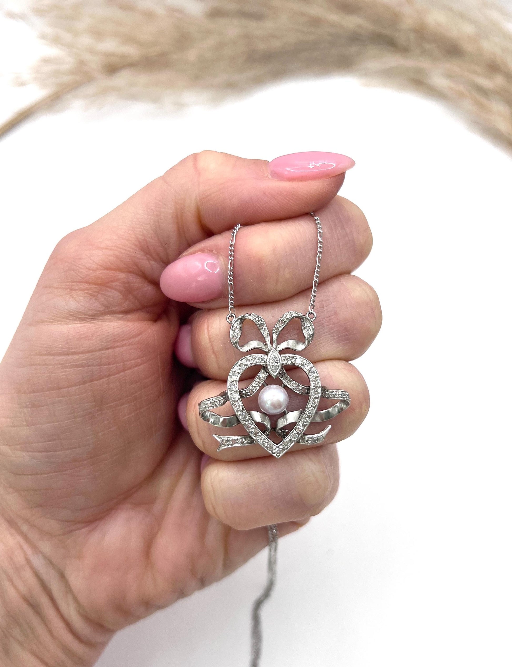 Antique Edwardian Heart Bow Pendant Necklace: Platinum, Pearl & Diamond