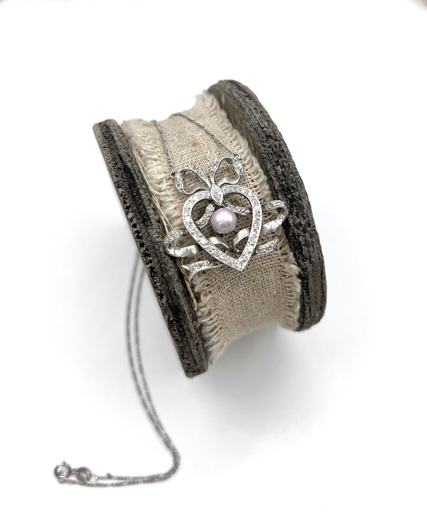 Antique Edwardian Heart Bow Pendant Necklace: Platinum, Pearl & Diamond
