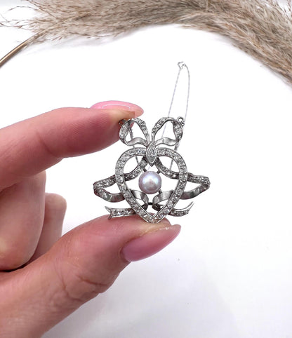 Antique Edwardian Heart Bow Pendant Necklace: Platinum, Pearl & Diamond