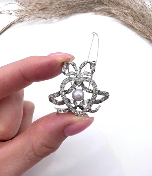 Antique Edwardian Heart Bow Pendant Necklace: Platinum, Pearl & Diamond