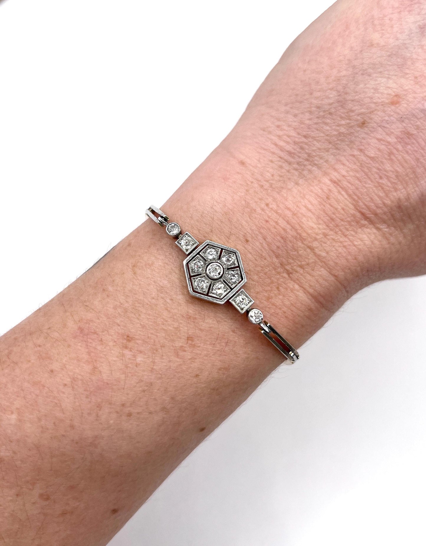 Antique 14ct Gold & Platinum, Edwardian Diamond Hexagonal Bracelet