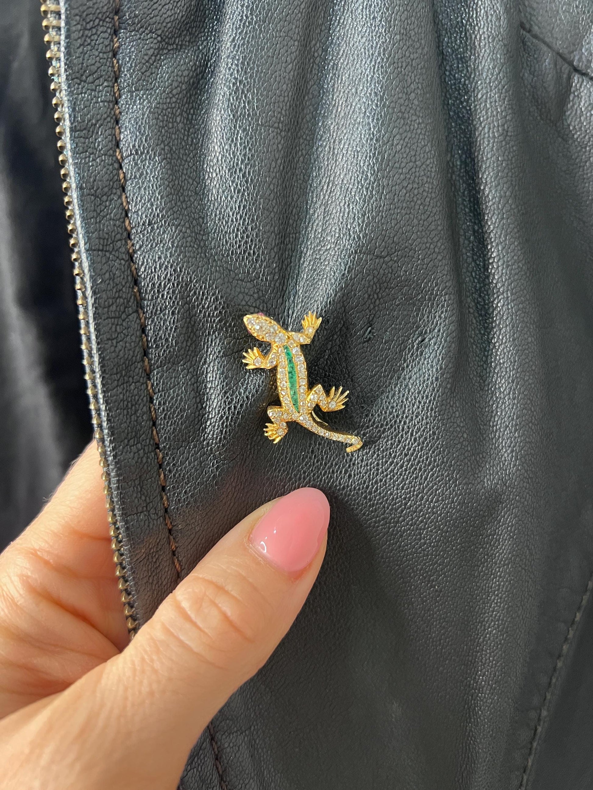 Antique 18ct Gold, Edwardian Diamond & Emerald Lizard Brooch