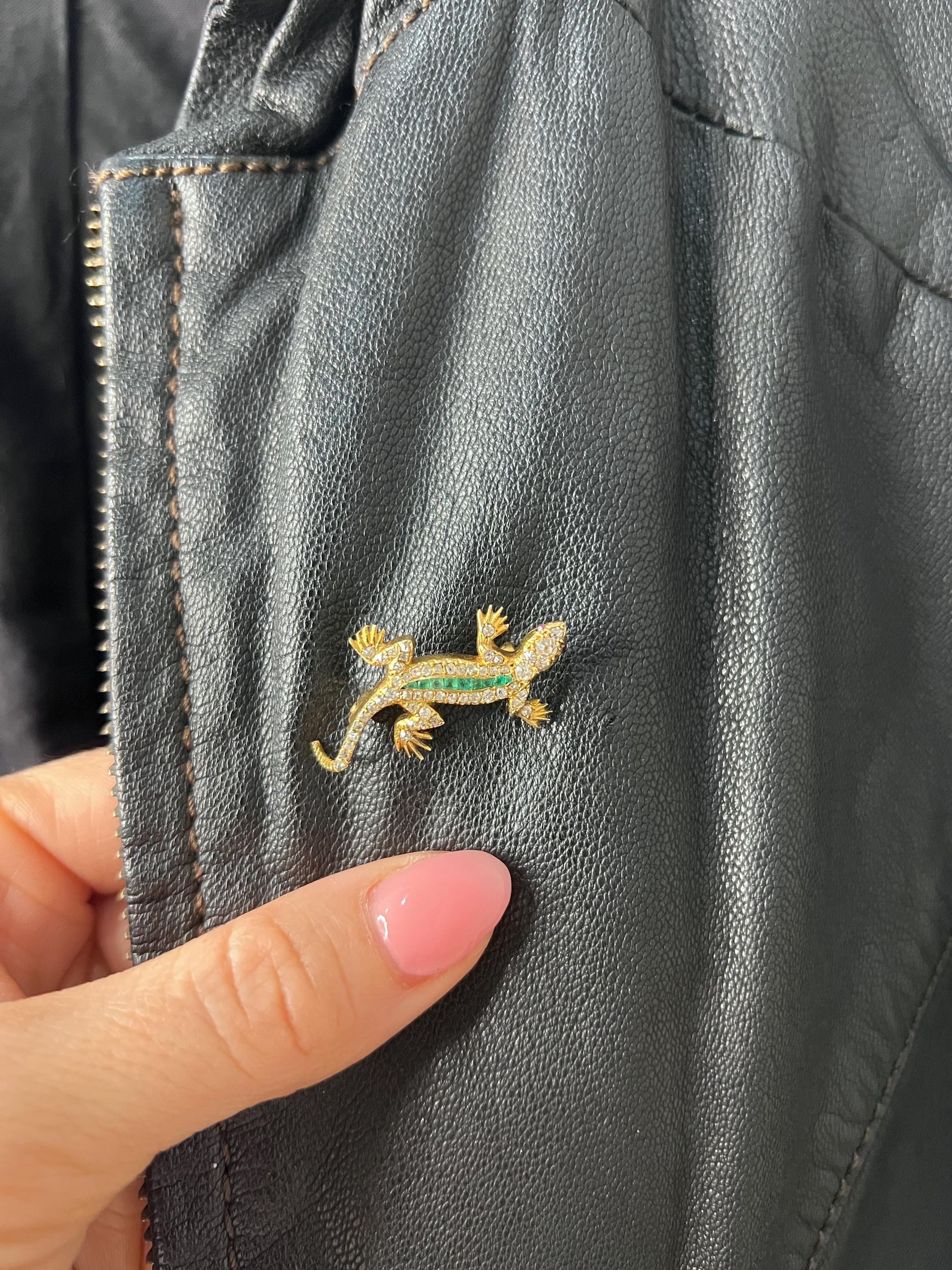 Antique 18ct Gold, Edwardian Diamond & Emerald Lizard Brooch