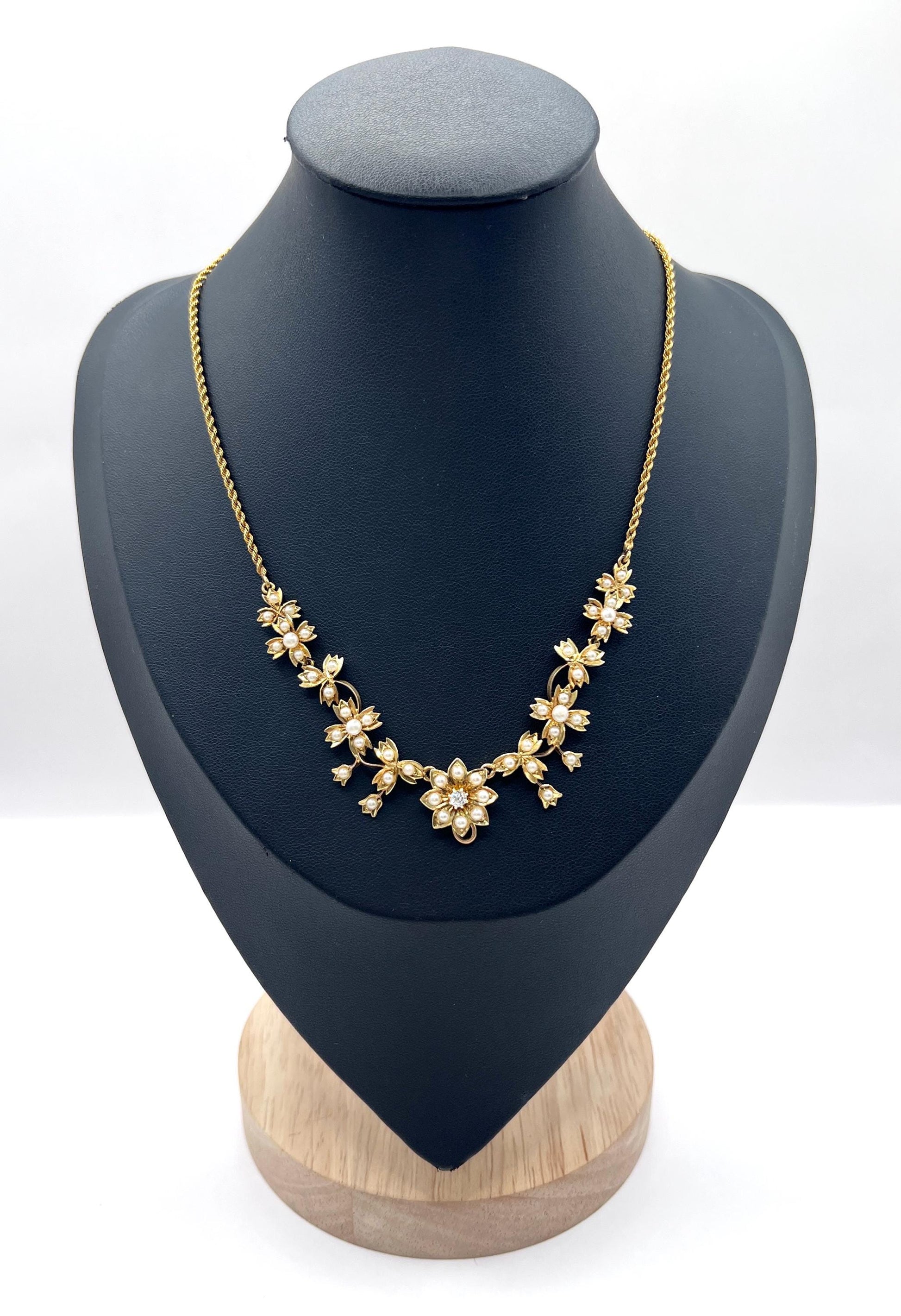 Antique 15ct Yellow Gold, Edwardian era Floral Pearl Necklace