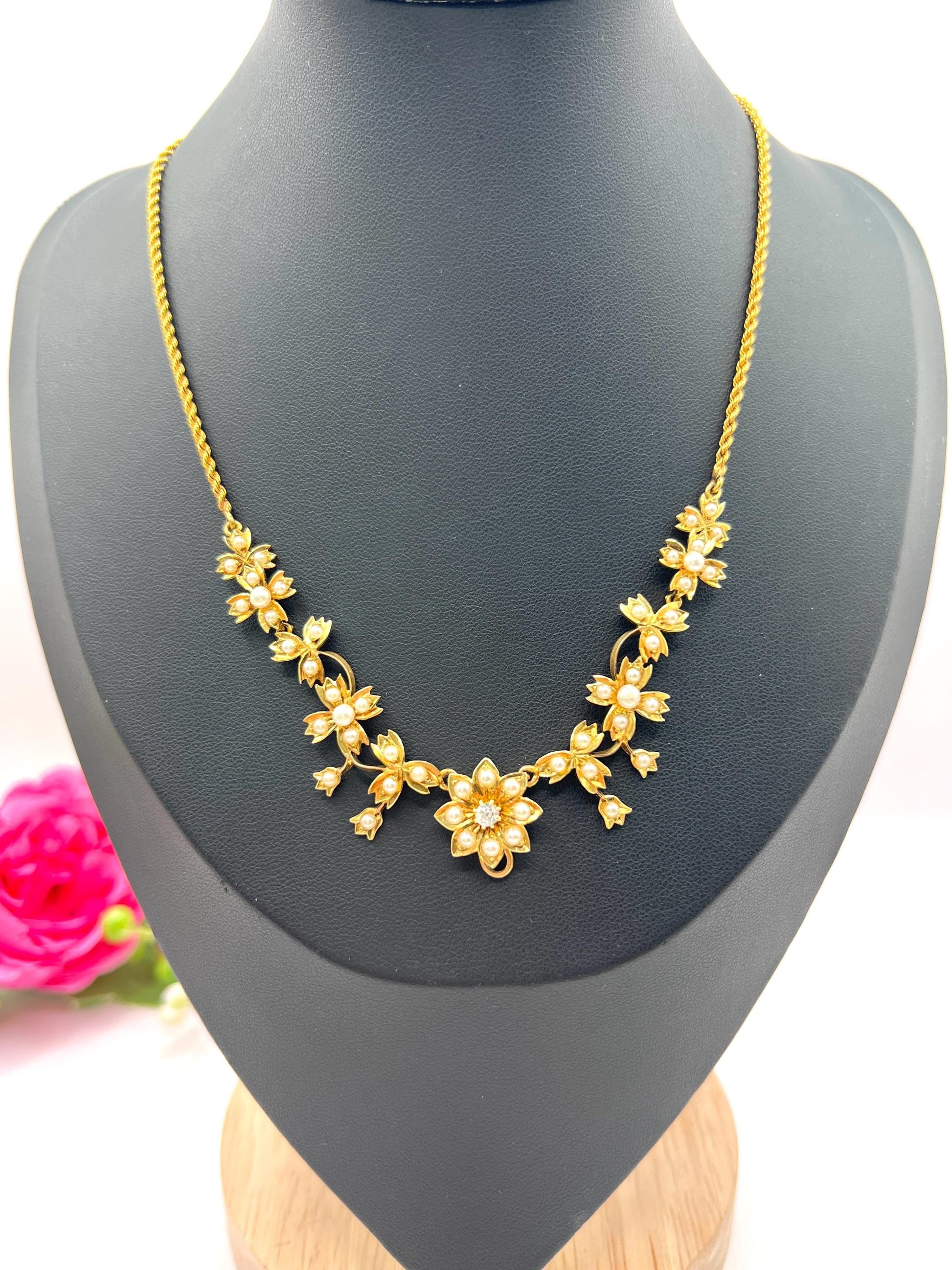 Antique 15ct Yellow Gold, Edwardian era Floral Pearl Necklace