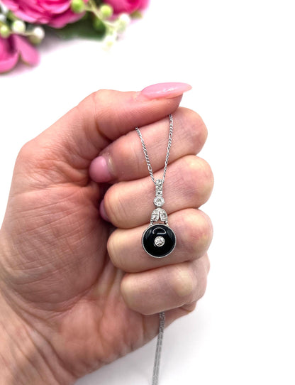 Antique Platinum, 1920s Art Deco Onyx & Diamond Drop Pendant Necklace