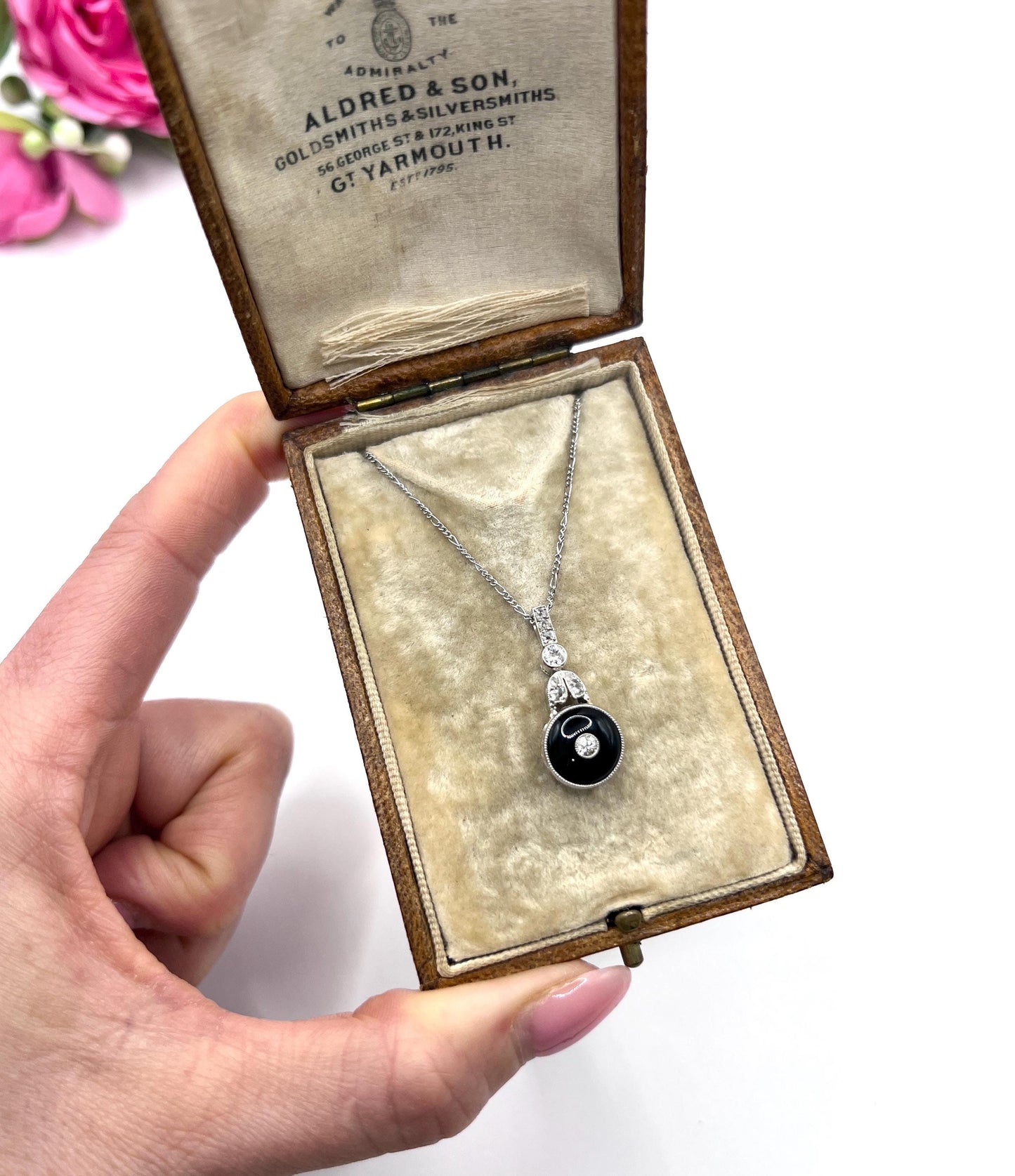Antique Platinum, 1920s Art Deco Onyx & Diamond Drop Pendant Necklace
