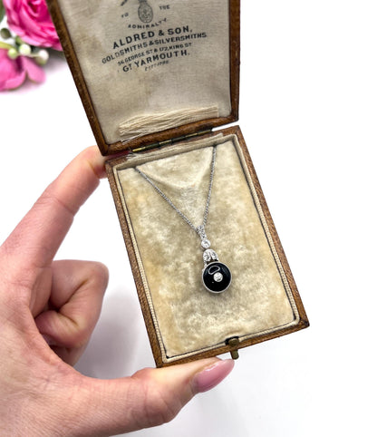 Antique Platinum, 1920s Art Deco Onyx & Diamond Drop Pendant Necklace