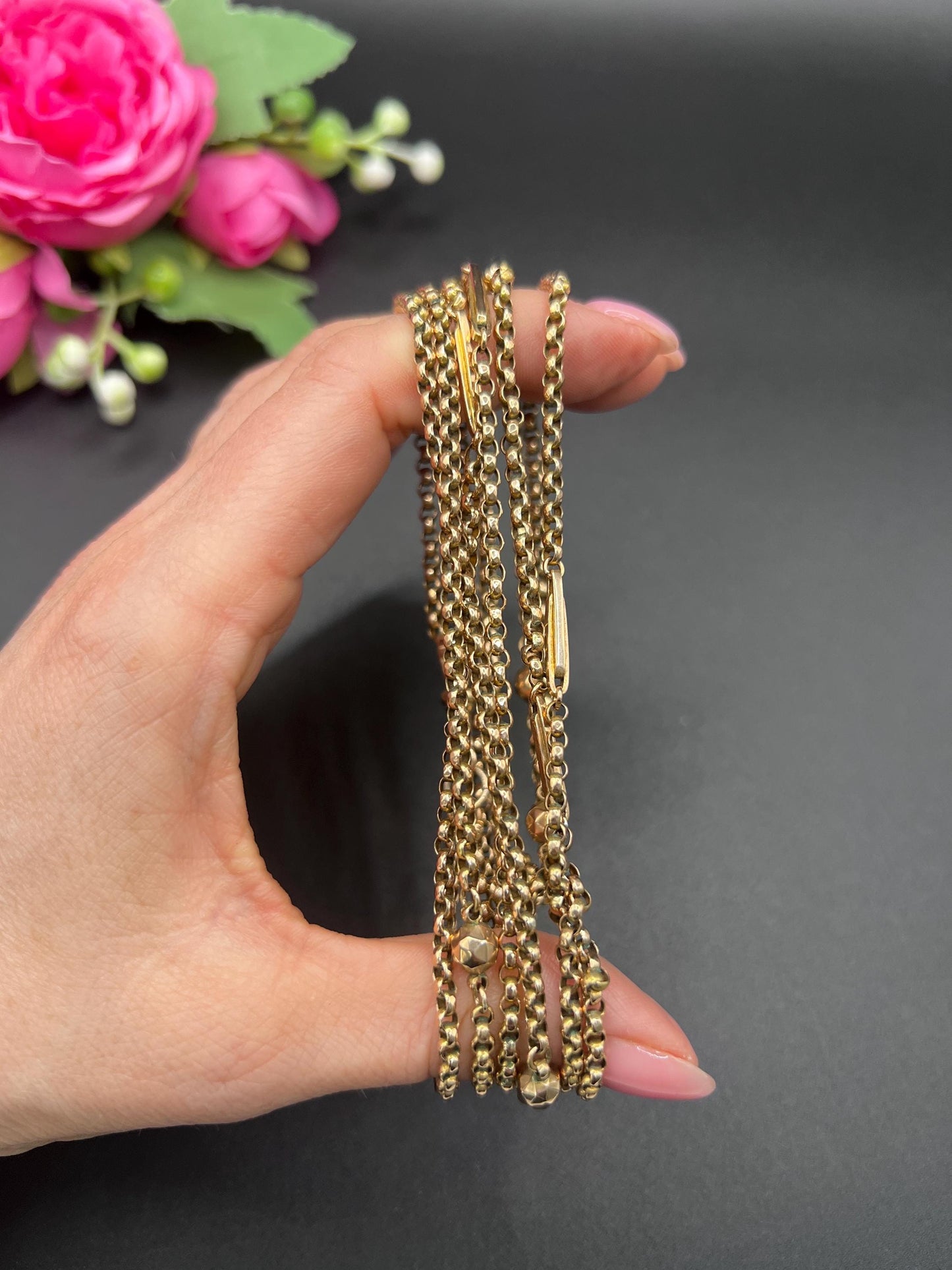 Antique 9ct Gold Belcher Chain: Edwardian Fancy Link Long Guard Necklace