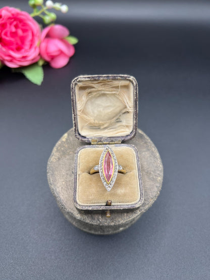 Antique 18ct Gold & Platinum, Edwardian Pink Tourmaline and Diamond Marquise Shaped Ring