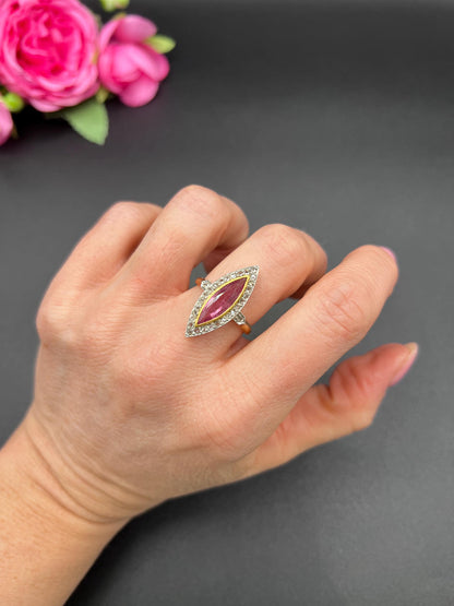 Antique 18ct Gold & Platinum, Edwardian Pink Tourmaline and Diamond Marquise Shaped Ring