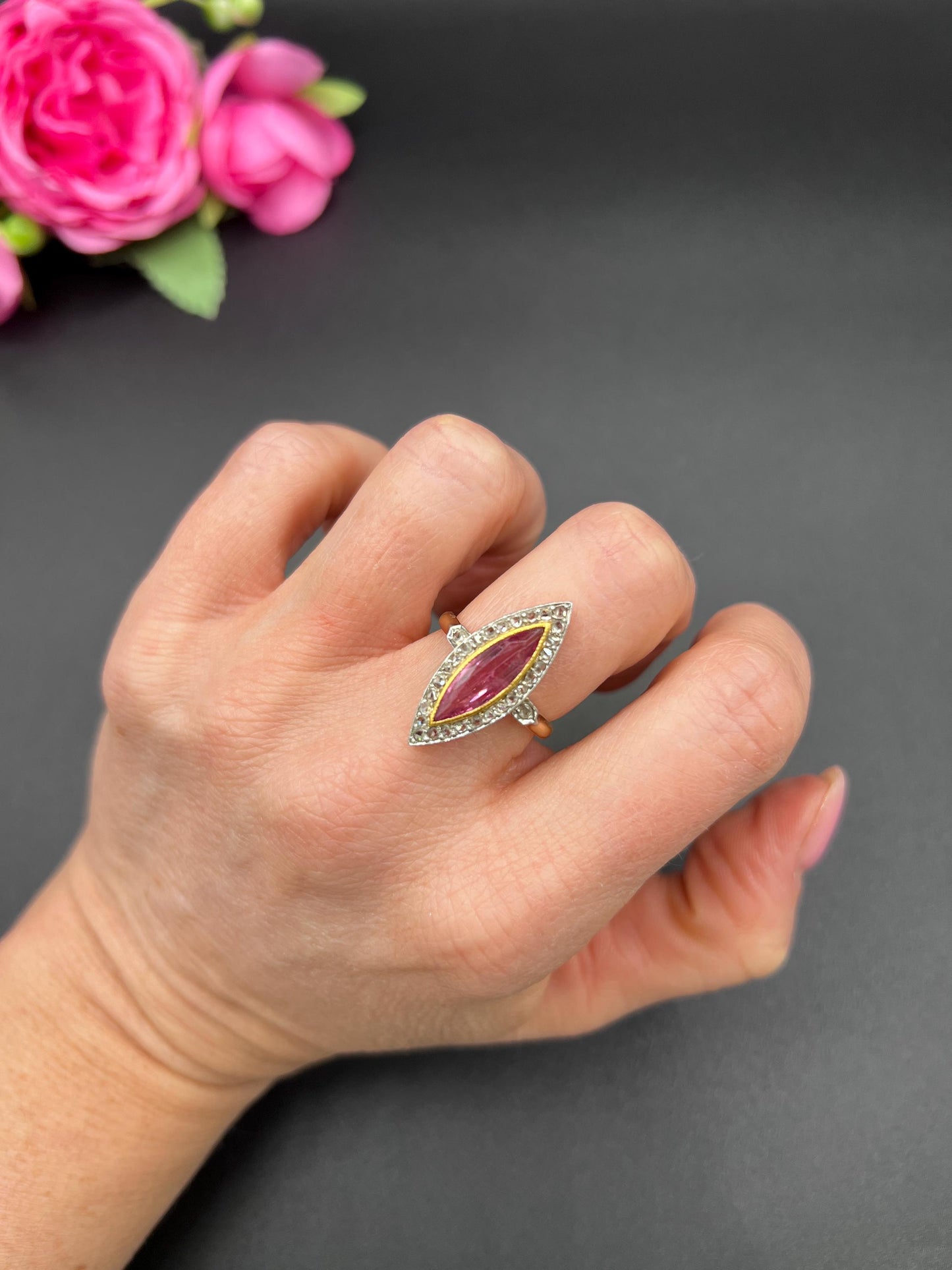 Antique 18ct Gold & Platinum, Edwardian Pink Tourmaline and Diamond Marquise Shaped Ring