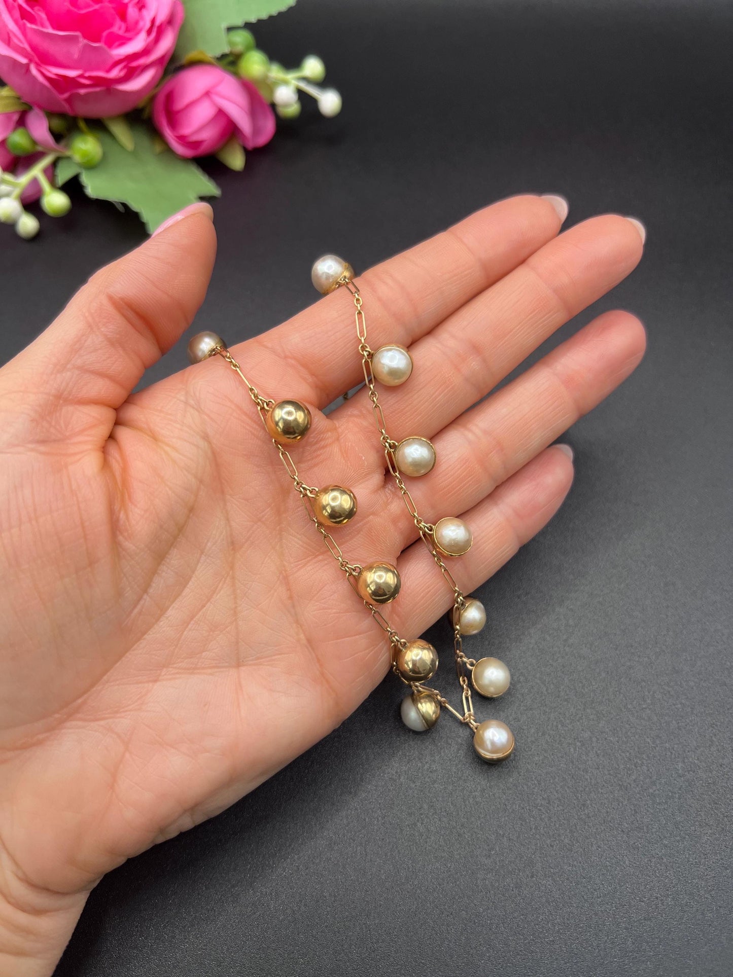 Vintage 14ct Gold Stamped, 1970s Pearl Gold Ball Collar Necklace